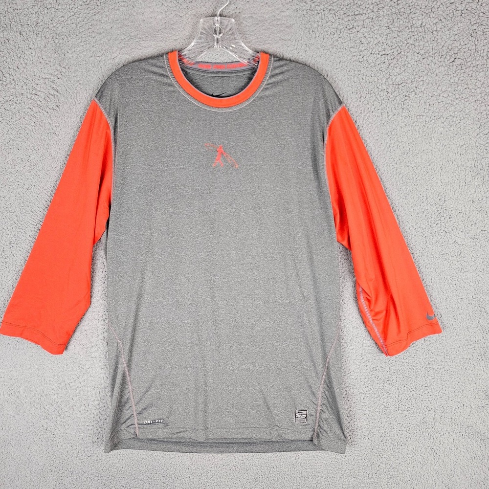 Nike T-Shirt Mens Large Gray Pro Combat Swingman Logo Dri Fit 3/4 Sleeve Fitted
